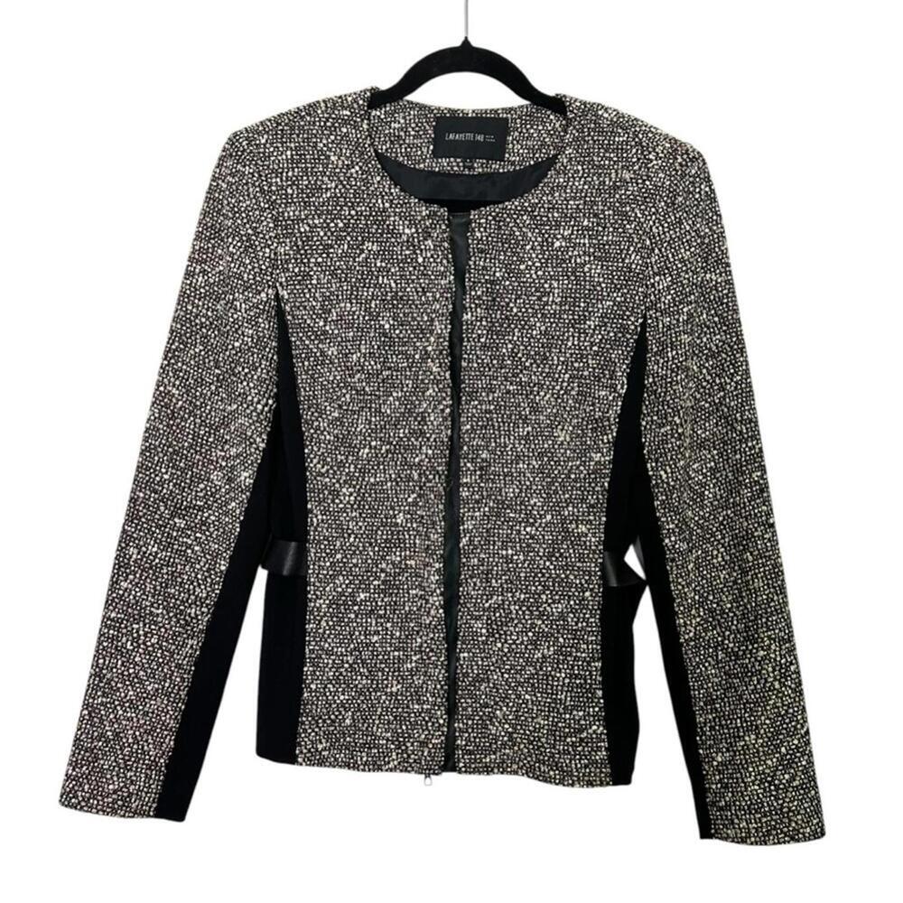 LAFAYETTE 148 l Tweed Knit Black Faux Leather Combo Zip Blazer Jacket Size 8